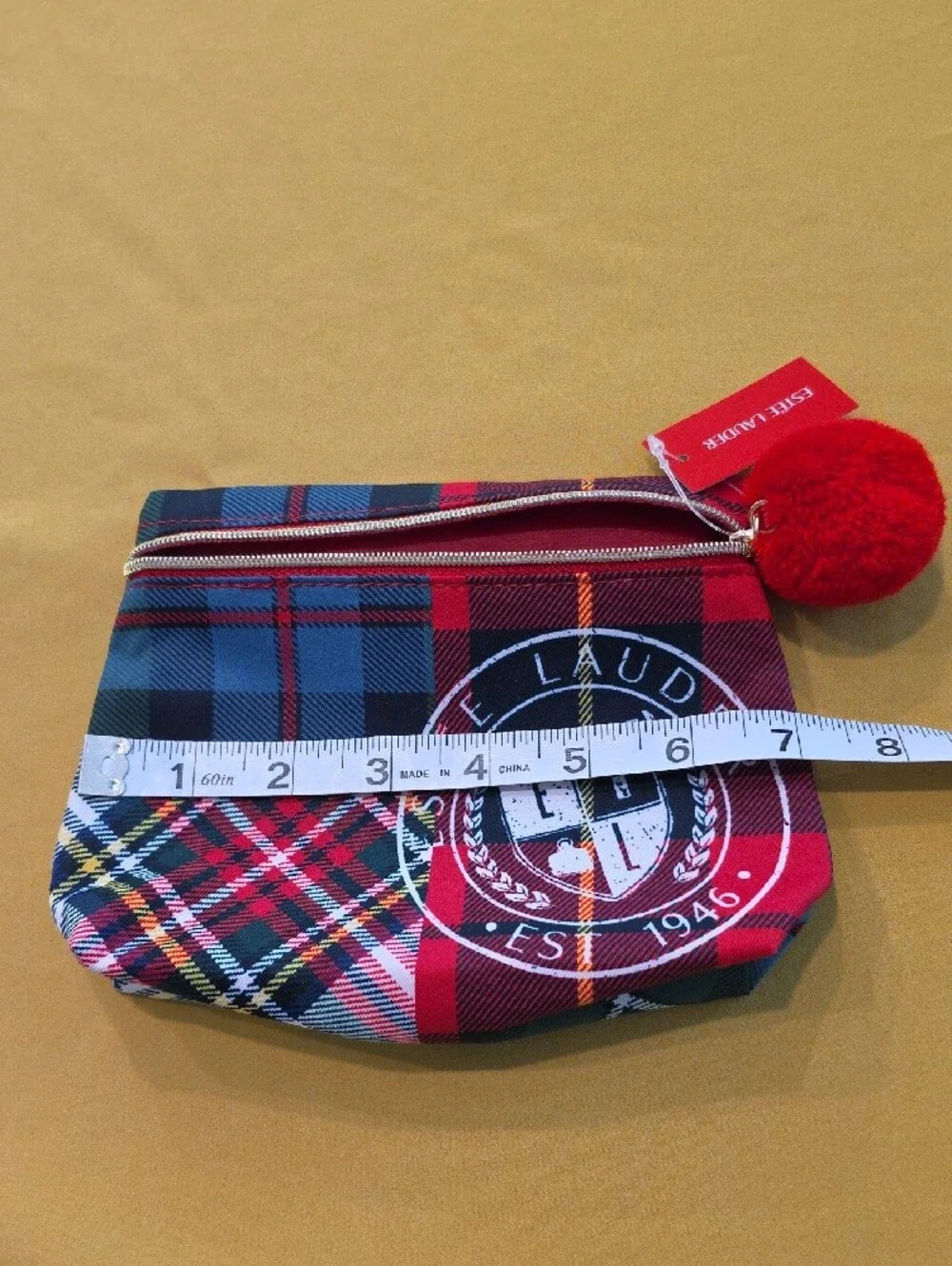 NWT Estée Lauder Plaid Tartan Cosmetic Bag Recycled Fabric Varsity Crest Pom Pom